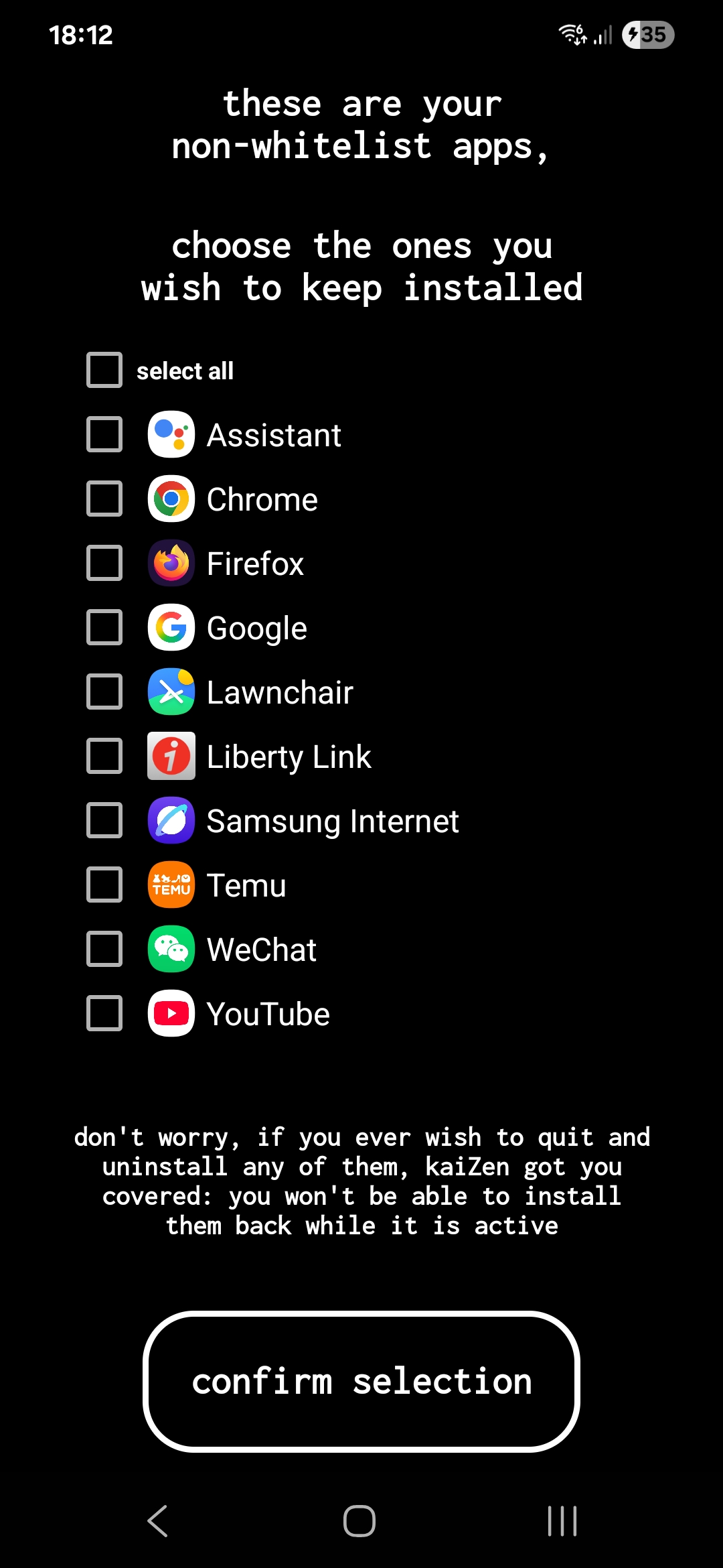 Exception Selection Screen